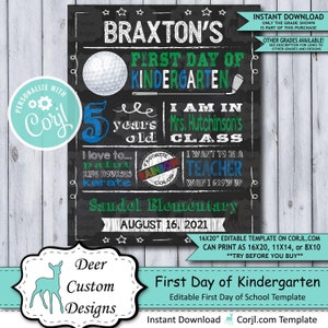 Back to School Sign Editable Template Golf First Day of Kindergarten Printable Chalkboard Poster Corjl Instant Download Template image 1