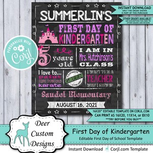 Back to School Sign Editable Template Princess First Day of Kindergarten Printable Chalkboard Poster Corjl Instant Download Template image 1