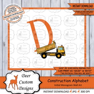 Letter D Print, Construction Vehicles Alphabet Printable Nursery Art Decor, Boys Monogram, Boy Name Baby Shower Gift, Instant Download