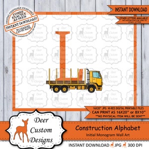 Letra L Print, Vehículos de construcción Alfabeto Printable Nursery Art Decor, Boys Monogram, Boy Name Baby Shower Gift, Instant Download