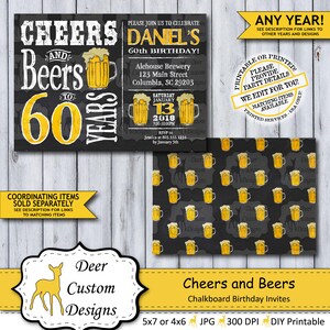 Cheers and Beers to 60 Years | 60th Birthday Invite | Cheers to 60 | Cheers Birthday | Chalkboard Birthday Invite | Beer Party | Man&#39;s Party