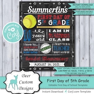 Back to School Sign Editable Template  Softball First Day 5th image 1