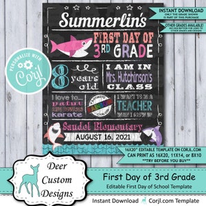 Back to School Sign Editable Template Baby Shark First Day 3rd Grade Printable Chalkboard Poster Corjl Instant Download Template Third image 1