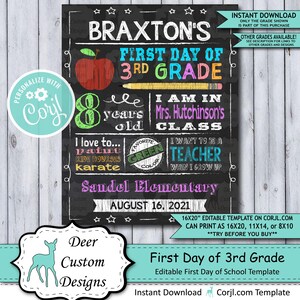 Back to School Sign Editable Template Apple First Day of 3rd Grade Printable Chalkboard Poster Corjl Instant Download Template Third image 1