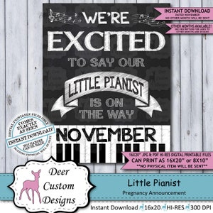 Little Pianist Chalkboard Pregnancy Announcement Photo Prop Musical Musician Baby Reveal Printable Poster November Instant Download Sign image 1