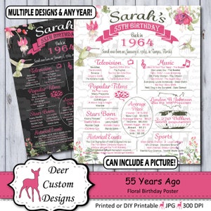 55th Birthday Poster, Floral 55 Years Ago Birthday Sign, Born in 1964 Birthday Gift, Year You Were Born Chalkboard, Printable or Printed