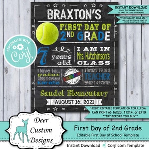 Back to School Sign Editable Template Tennis First Day 2nd Grade Printable Chalkboard Poster Corjl Instant Download Template Second image 1