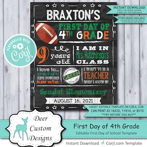 Back to School Sign Editable Template Football First Day 4th Grade Printable Chalkboard Poster Corjl Instant Download Template Fourth image 1