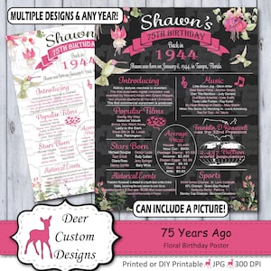 75th Birthday Poster | Floral 75 Years Ago Birthday Sign | Born in 1944 Gift | Year You Were Born Chalkboard Poster | Printable or Printed