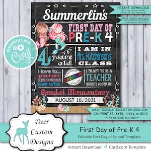 Back to School Sign Editable Template Mermaid First Day of Preschool Pre-K 4 Printable Chalkboard Poster Corjl Instant Download Template image 1