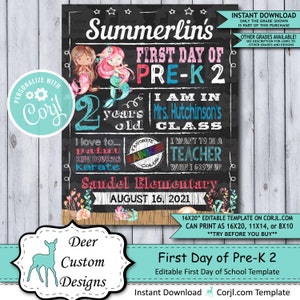 Back to School Sign Editable Template Mermaid First Day of Preschool Pre-K 2 Printable Chalkboard Poster Corjl Instant Download Template image 1