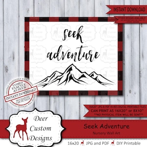 Seek Adventure Lumberjack Nursery Wall Art Poster | Instant Download Rustic Mountain Wilderness Plaid Flannel Sign for a Boy Nursery