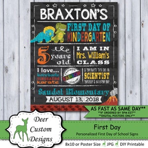 Back to School Sign | First Day School Sign | Printable or Printed Chalkboard Poster | First Day of Kindergarten | Any Grade Dinosaur