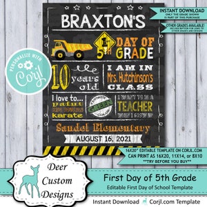 Back to School Sign Editable Template Construction First Day of 5th Grade Printable Chalkboard Poster Corjl Instant Download Template image 1