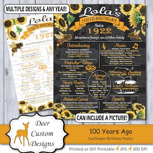 100e verjaardag Poster | Poster 100-jarig jubileum | Bloemen Zonnebloem Schoolbord Poster | 100 jaar geleden Teken | 1922 Verjaardagsverjaardag Teken