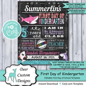 Back to School Sign Editable Template Baby Shark First Day of Kindergarten Printable Chalkboard Poster Corjl Instant Download Template image 1