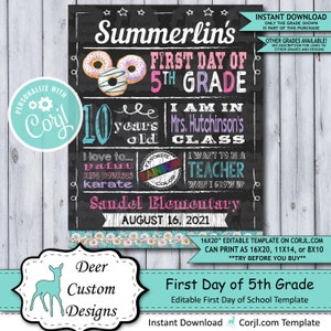 Back to School Sign Editable Template Donuts First Day 5th Grade Printable Chalkboard Poster Corjl Instant Download Template Fifth image 1