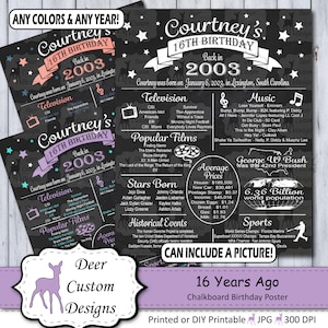 Póster de cumpleaños número 16 / Cartel de cumpleaños de hace 16 años / Regalo de cumpleaños de nacidos en 2003 / Póster de pizarra del año en que naciste / Imprimible o impreso
