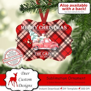 Christmas Red Truck Ornament Sublimation Template, Editable Plaid Family Name Date Benelux Ornament Design, Red Christmas Truck with Tree image 1