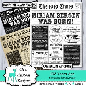 102nd Birthday Poster | 102nd Anniversary Poster | Newspaper Poster | 102 Years Ago Sign | Birthday Sign | Anniversary Sign | 1919