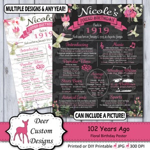 102nd Birthday Poster | 102nd Anniversary Poster | Floral Chalkboard Poster | 102 Years Ago Sign | Birthday Sign | Anniversary Sign | 1919