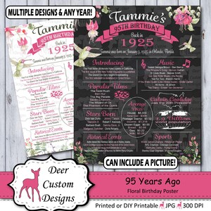 95e verjaardag krijtbord poster | Bloemen 95 jaar geleden Verjaardagsbord | 1925 Jaar Je Werd Geboren Poster | Afdrukbare of bedrukte | Bloemencadeau
