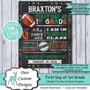 Back to School Sign Editable Template Football First Day of 1st Grade Printable Chalkboard Poster Corjl Instant Download Template image 1