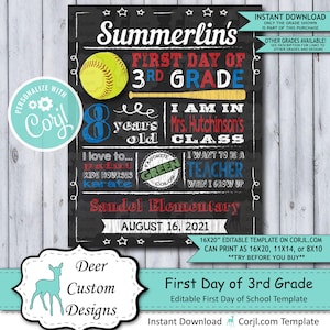 Back to School Sign Editable Template Softball First Day 3rd Grade Printable Chalkboard Poster Corjl Instant Download Template Third image 1