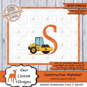 Letter S Print, Construction Vehicles Alphabet Printable Nursery Art Decor, Boys Monogram, Boy Name Baby Shower Gift, Instant Download