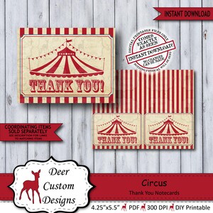 Vintage Circus bedankkaarten | Lege eerste verjaardagsnotitiekaarten | Carnaval babyshower gevouwen briefpapier | Afdrukbare directe download