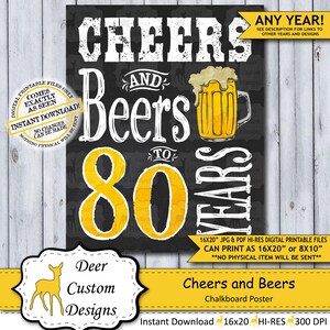 Cheers and Beers 80 Years 80th Birthday Poster Cheers to 80 Cheers Birthday Chalkboard Birthday Poster Beer Sign Man's Birthday image 1