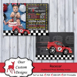 Racecar Photo Birthday Invitation | Photo Racecar Chalkboard Birthday Invite | Photo Chalkboard Race Car Party | Race Track | Nascar Racing