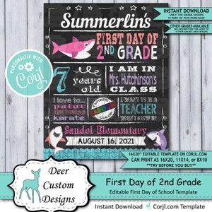 Back to School Sign Editable Template Baby Shark First Day 2nd Grade Printable Chalkboard Poster Corjl Instant Download Second image 1