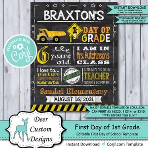 Back to School Sign Editable Template Construction First Day of 1st Grade Printable Chalkboard Poster Corjl Instant Download Template image 1