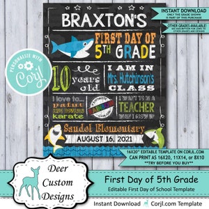 Back to School Sign Editable Template Baby Shark First Day 5th Grade Printable Chalkboard Poster Corjl Instant Download Template Fifth image 1