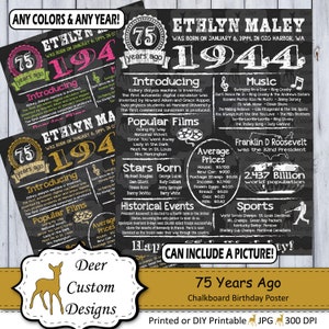 75th Birthday Poster | 75 Years Ago Birthday Sign | Born in 1944 Birthday Gift | Year You Were Born Chalkboard Poster | Printable or Printed