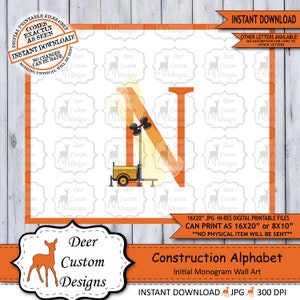Letter N Print, Construction Vehicles Alphabet Printable Nursery Art Decor, Boys Monogram, Boy Name Baby Shower Gift, Instant Download