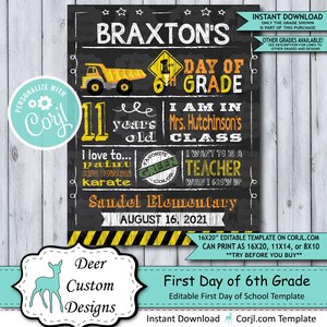 Back to School Sign Editable Template Construction First Day of 6th Grade Printable Chalkboard Poster Corjl Instant Download Template image 1