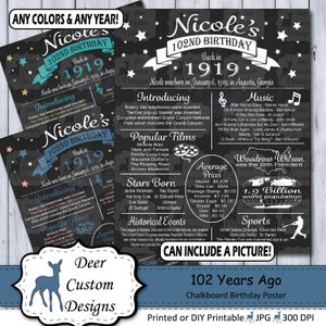 102nd Birthday Poster | 102 Years Ago Birthday Sign | Born in 1919 Gift | Year You Were Born Chalkboard Poster | Printable or Printed