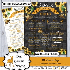 Póster de cumpleaños número 18 / Cartel de cumpleaños de hace 18 años / Regalo de cumpleaños de nacidos en 2003 / Póster de pizarra de año en que naciste / Girasol imprimible