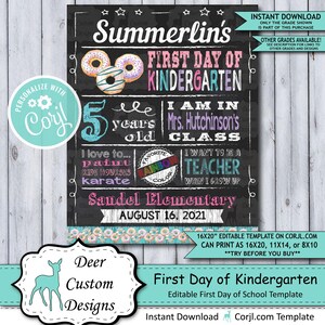 Back to School Sign Editable Template Donuts First Day of Kindergarten Printable Chalkboard Poster Corjl Instant Download Template image 1