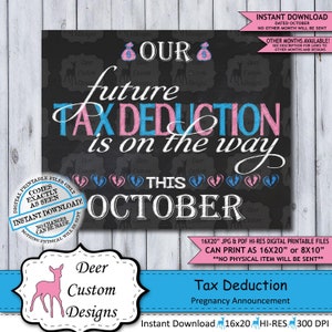 Tax Deduction Chalkboard Pregnancy Announcement Photo Prop Tax Season Baby Reveal Printable Poster October Instant Download Sign image 1