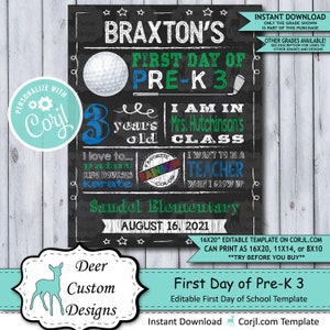 Back to School Sign Editable Template Golf First Day of Pre-K 3 Preschool Printable Chalkboard Poster Corjl Instant Download Template image 1