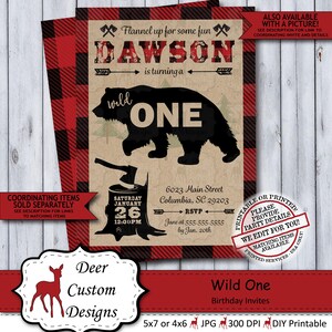 Wild One Lumberjack 1st Birthday Invitation Rustic Woodland Plaid Flannel First Birthday Invite for a Boy Printable or Printed image 1