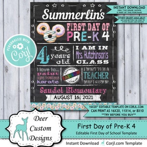 Terug naar school teken bewerkbare sjabloon | Donuts eerste dag van de kleuterschool Pre-K 4 afdrukbare schoolbordposter | Corjl Instant Download-sjabloon