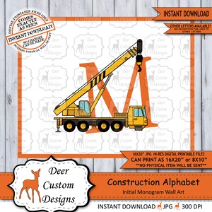Letra M Print, Vehículos de construcción Alfabeto Printable Nursery Art Decor, Boys Monogram, Boy Name Baby Shower Gift, Instant Download