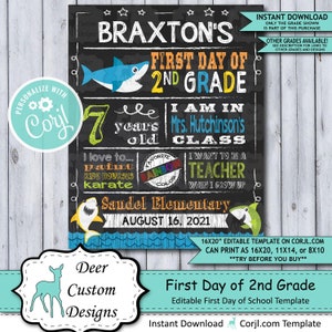 Back to School Sign Editable Template Baby Shark First Day 2nd Grade Printable Chalkboard Poster Corjl Instant Download Second image 1