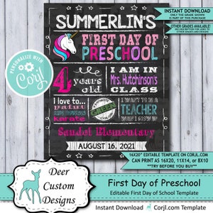 Back to School Sign Editable Template Unicorn First Day of Preschool Printable Chalkboard Poster Corjl Instant Download Template image 1