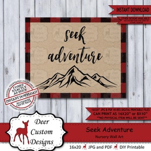 Seek Adventure Lumberjack Nursery Wall Art Poster | Instant Download Rustic Mountain Wilderness Plaid Flannel Sign for a Boy Nursery