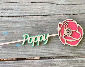 Poppy Name Flower Wooden Mother's Day Gift, Personalized Valentine's Day Prom Gift, August Birth Month Flower Anniversary Gift for Her